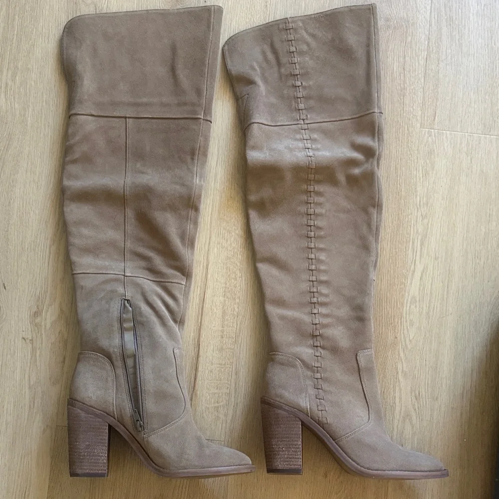 Vince Camuto Taupe Suede Over-the-Knee Block Heel Boots